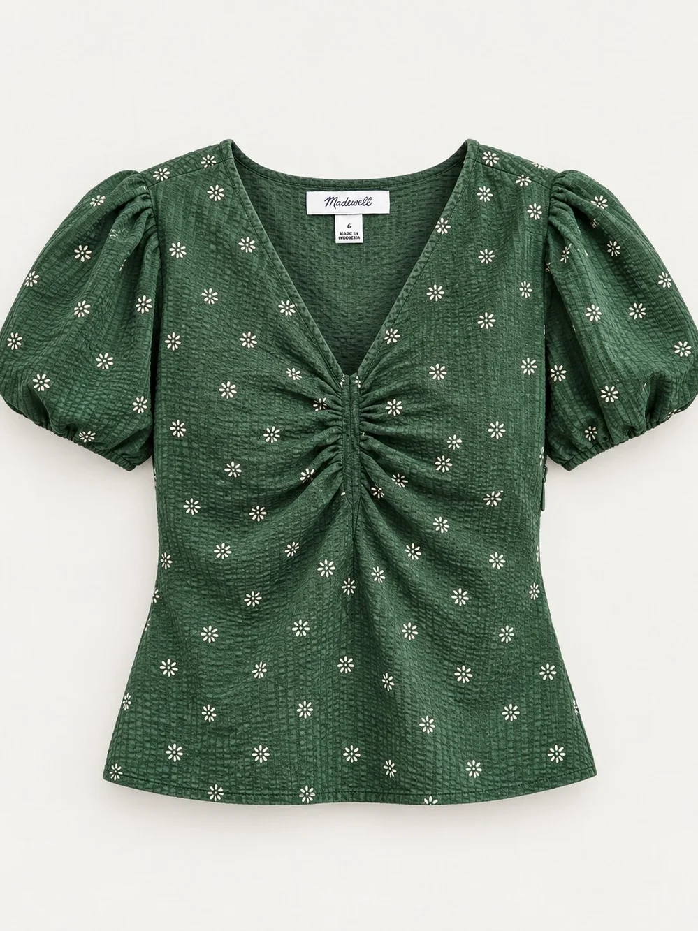 Madewell Green Floral Puff Sleeve Cotton Blouse Size 6 NWOT 100% COTTON